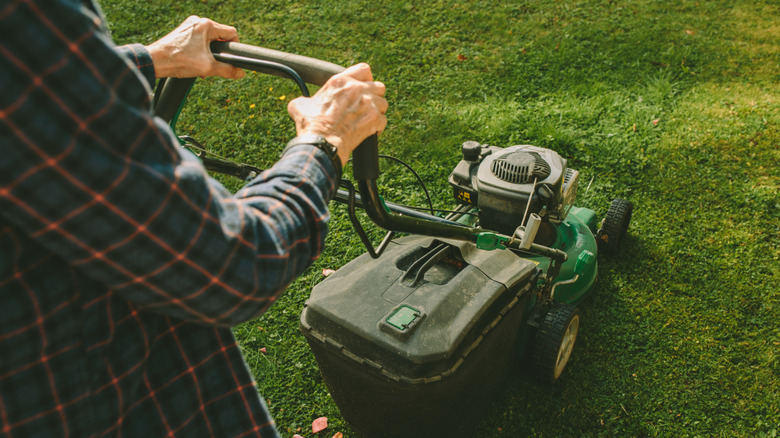 Person pushing a lawn mower on grass