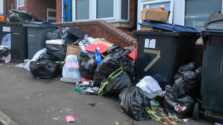 Piles of garbage on the sidewalk outside homes