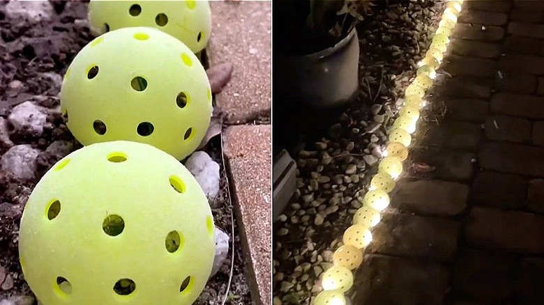 Split image of pickleballs lining a garden pathway, and then the same pickleballs illuminated at night