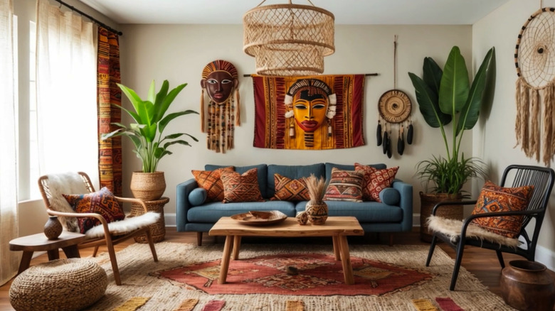 Light-colored Afrohemian living room with mixed textures, patterns, and plants