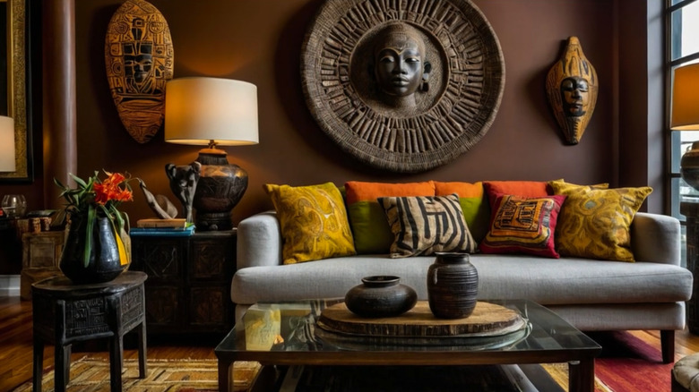 Afrohemian living room with earthy tones and tribal art