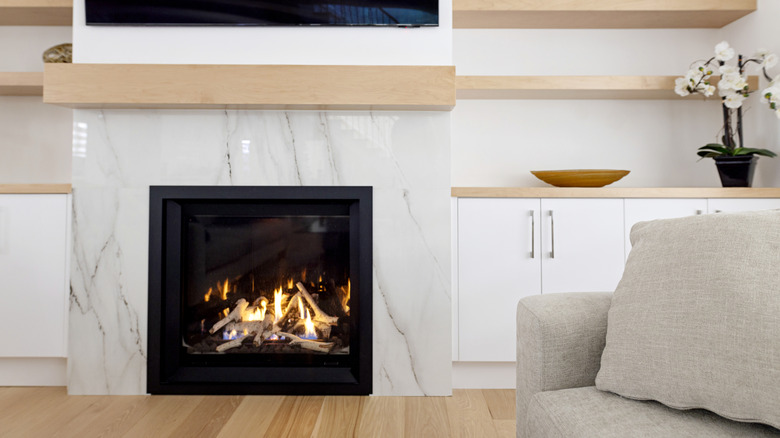 Fireplace with a white quartzite surround