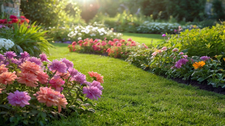 A variety of flowers in a sunny and green garden