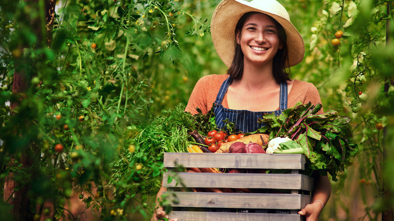 Woman with a crate full of vegetables in summer garden