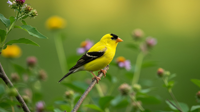 Male goldfinch perched on a wood stem