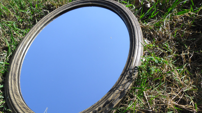 An old mirror lying on grass
