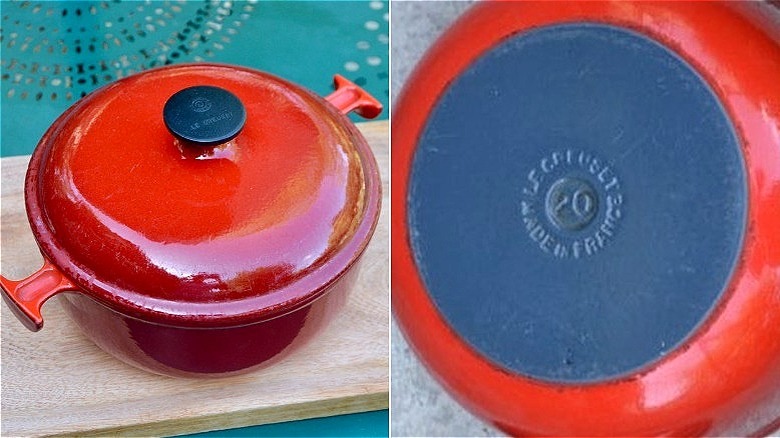Split image of a red La Mama dutch oven by Le Creuset sitting on top of a wooden cutting board and the maker's mark on the bottom