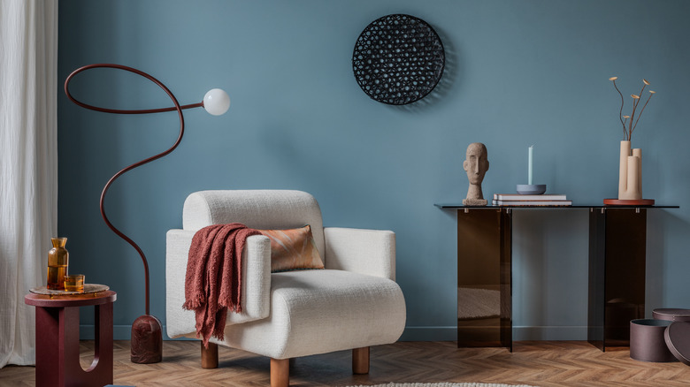 A blue living room accent wall.