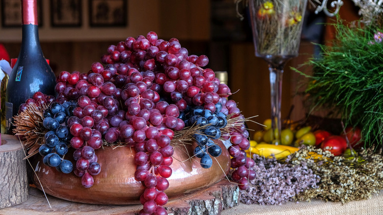 Imitation grapes in a bowl
