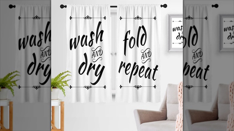 laundry-themed curtains hanging