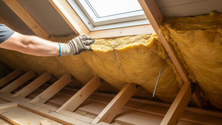 A person wearing protective gloves installs insulation in an attic