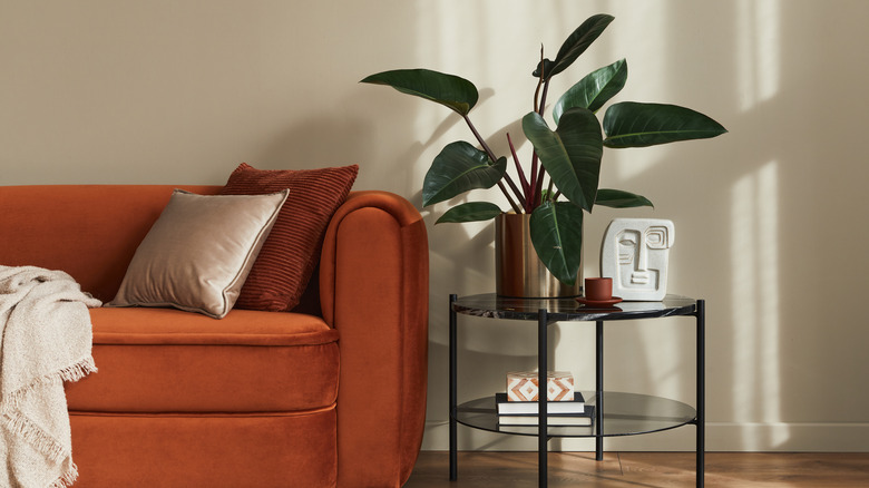 A burnt orange sofa in a living room