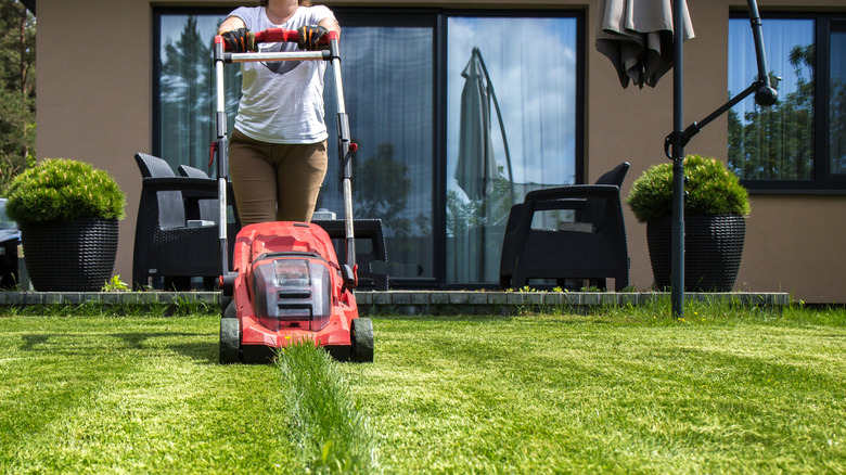 A woman mowing a lawn with a red lawn mower.