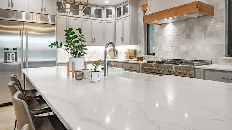 A kitchen with quartz countertops with subtle veining