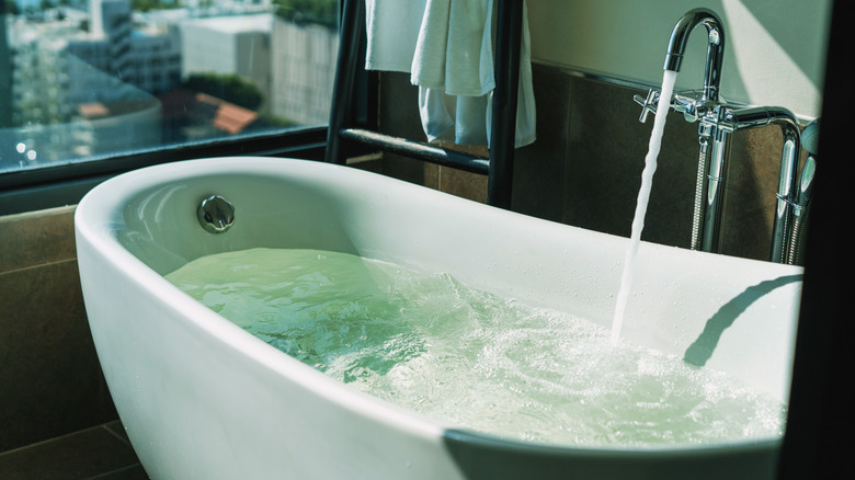 An elegant bathtub partially filled with water coming from the faucet.