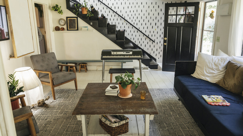 Living room with funky wallpaper