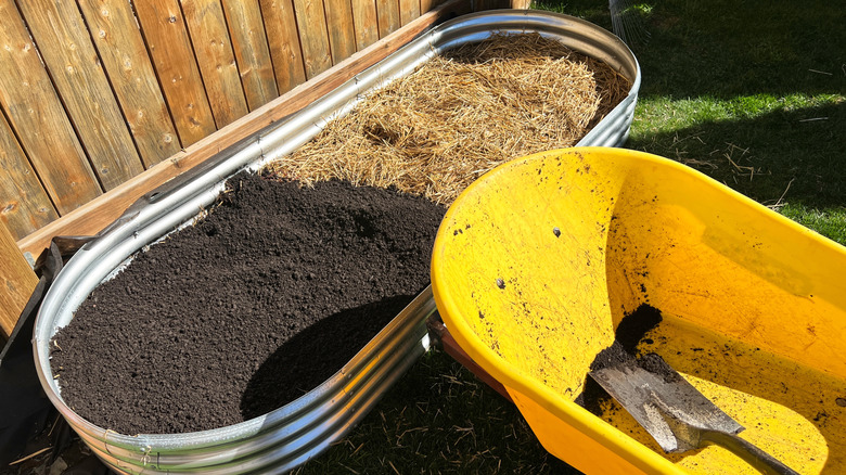 A yellow wheelbarrow next to a raised metal bed of dirt.