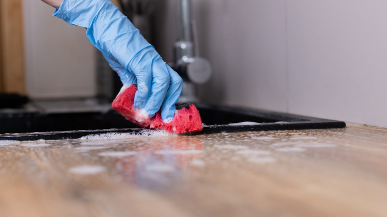 Hand wearing blue glove cleaning a countertop with a red sponge
