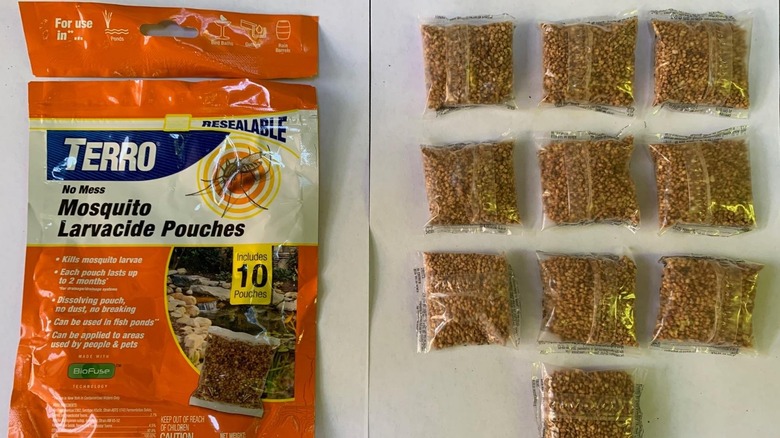 Some TERRO mosquito larvacide pouches arranged on a table.