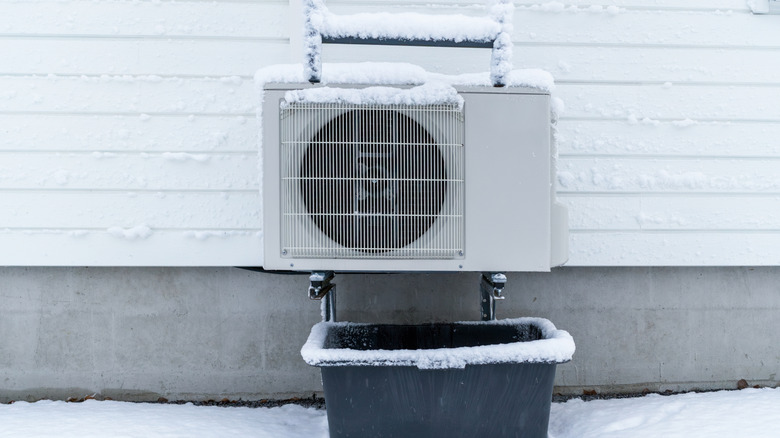 An outdoor heat pump covered with snow