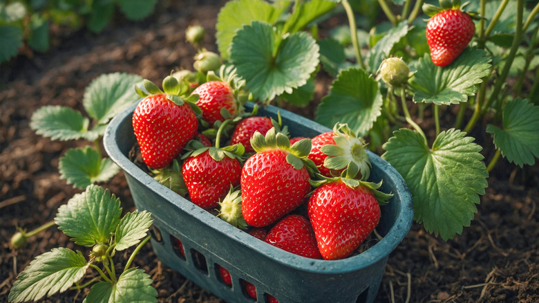 Freshly harvested strawberries in an edible garden