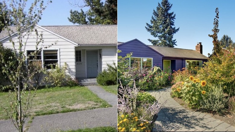 before and after photos showing the stunning transformation from lawn to cottage garden