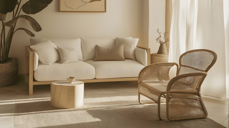 A rattan chair in a living room