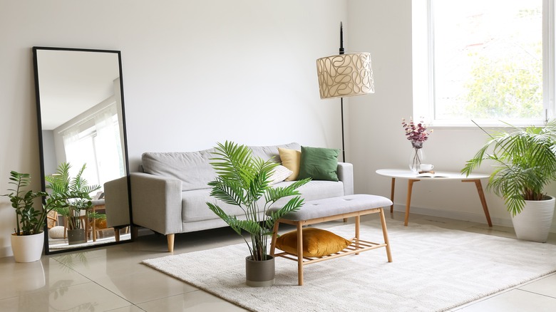 Living room with large mirror