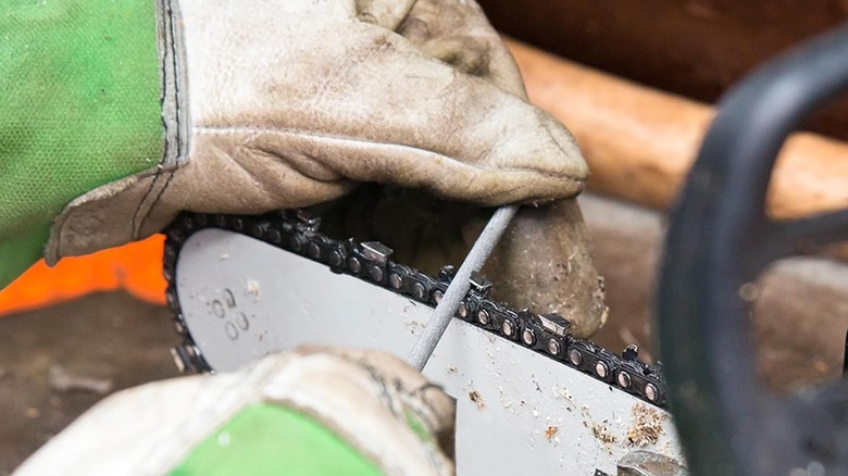 A person's gloved hands using a chainsaw sharpening file on a chainsaw