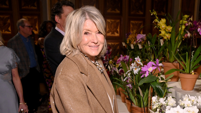 Martha Stewart smiling by a row of flowers