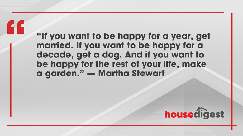 Martha Stewart quote reading: "If you want to be happy for a year, get married. If you want to be happy for a decade, get a dog. And if you want to be happy for the rest of your life, make a garden."