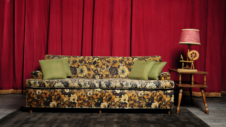 Living space with vintage floral couch