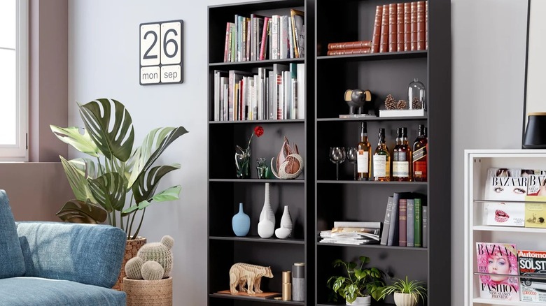 Two black bookshelves placed side-by-side in a living room