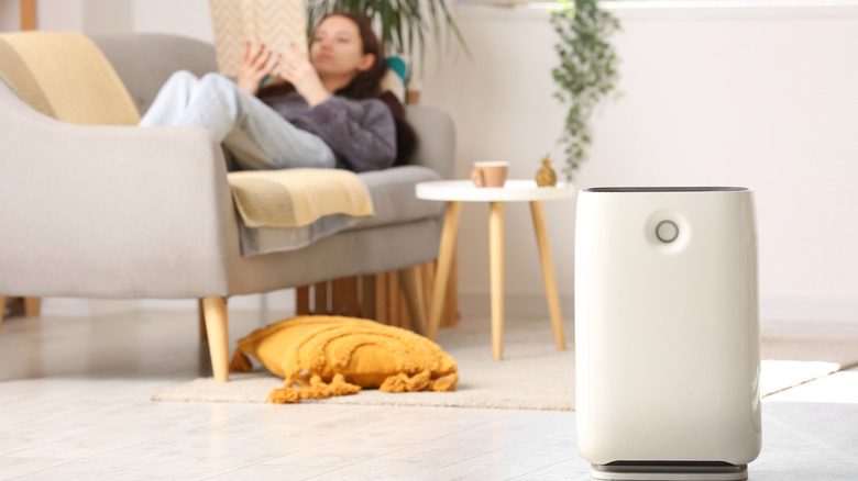 A person laying on the couch in the room with an air purifier