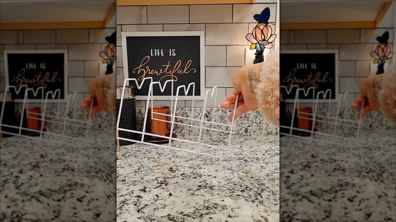 A Dollar Tree Essentials White Wire Dish Drying Rack is shown in a detail shot