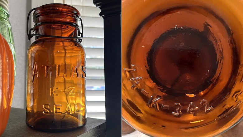 Split image of an Atlas E-Z Seal jar in amber color, and the bottom of the jar showing the number