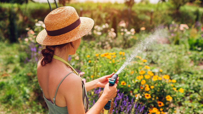 A woman watering flowers in her garden