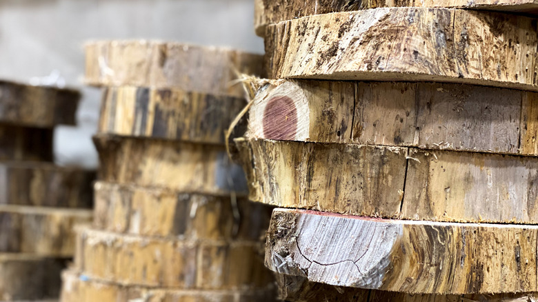Piles of salvaged wooden log chunks sit together in a concrete room.