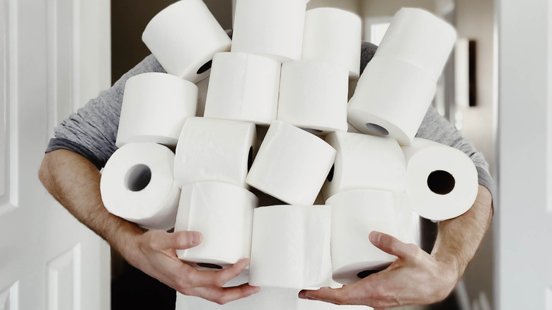 Person holding multiple toilet paper rolls in their hand