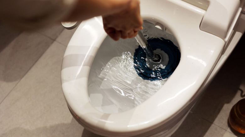 Person unclogging a toilet with a plunger