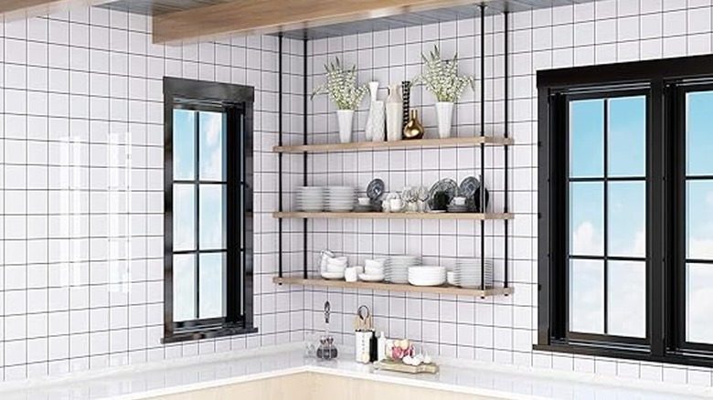 Suspended shelves in kitchen 