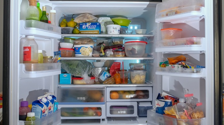 Close up shot of a stocked fridge