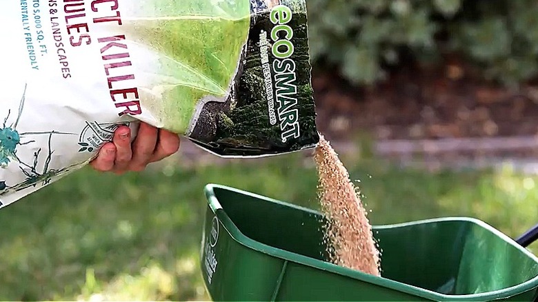 EcoSmart insect killer granules being poured into a spreader