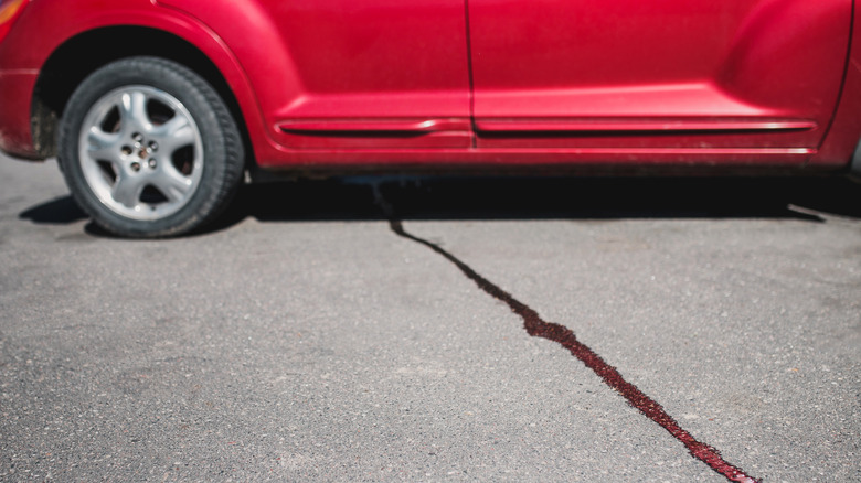Oil leak from car trailing on asphalt driveway