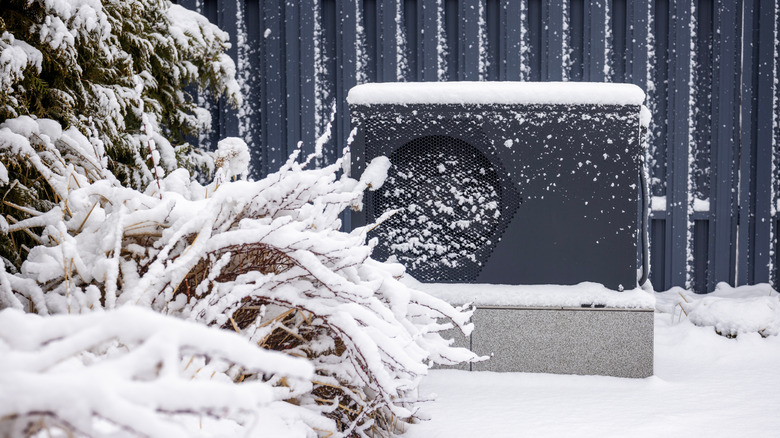 Outdoor HVAC unit with snow piled on top of it