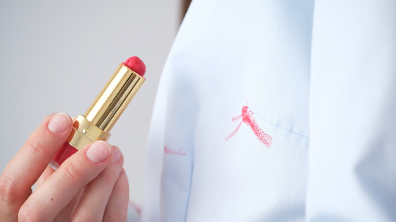 Close up of lipstick stain on white shirt