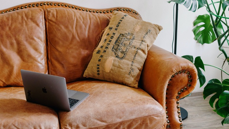 Wrinkled brown leather couch