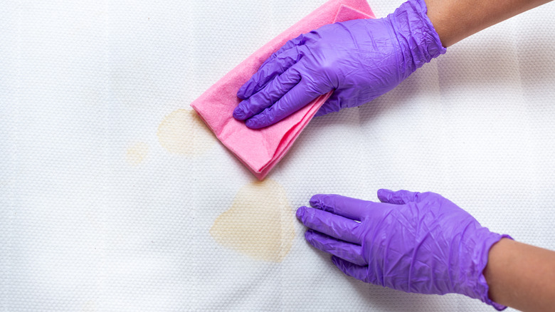 Person cleaning yellow mattress stain