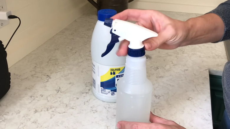 Hand securing top of a spray bottle on a counter, with a bottle of bleach next to it