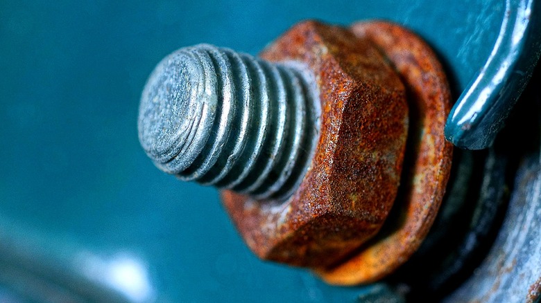 Arusty bolt against a blue-gray background